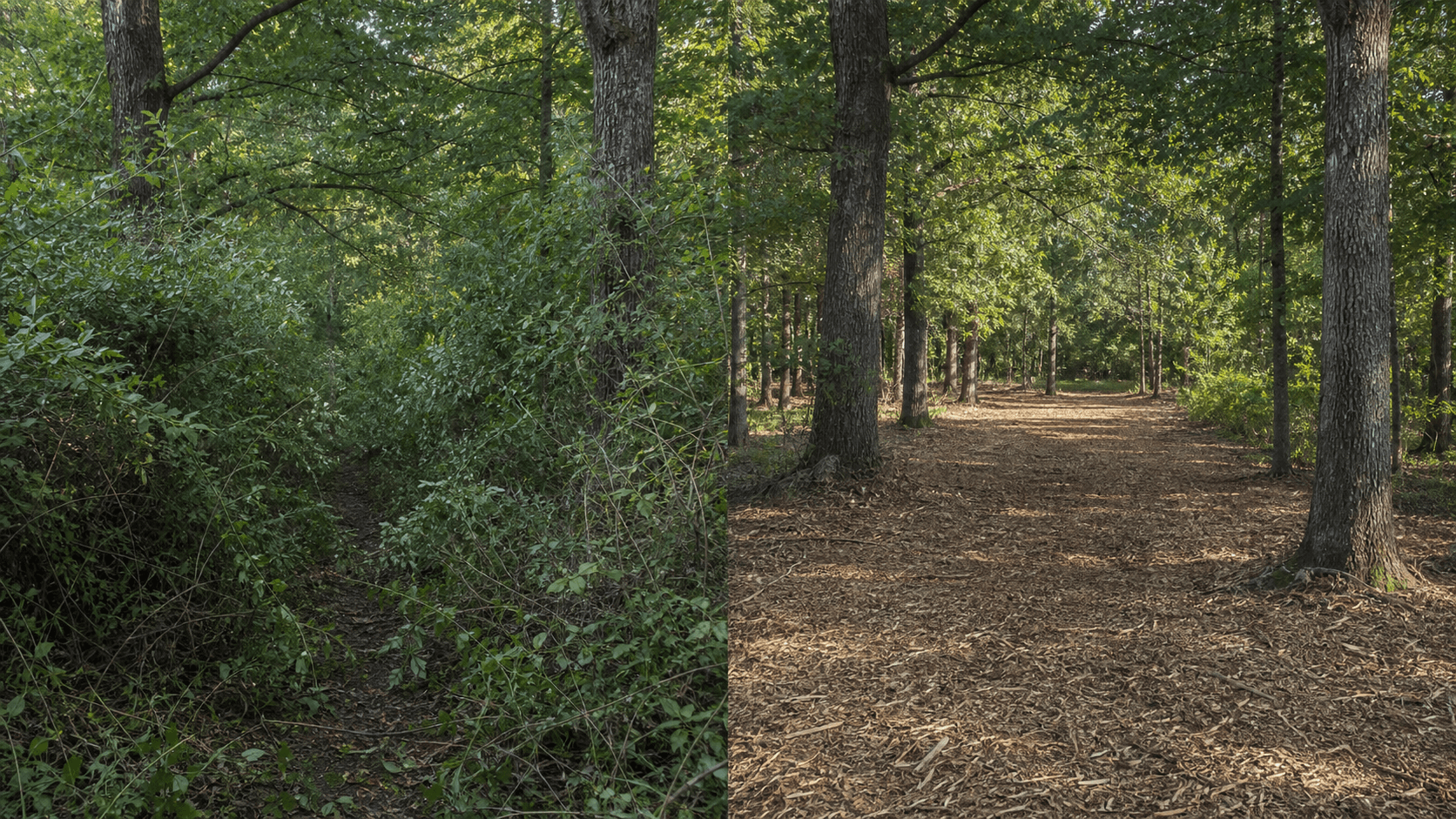 Illustrative before and after of an overgrown hunting trail cleared through forestry mulching