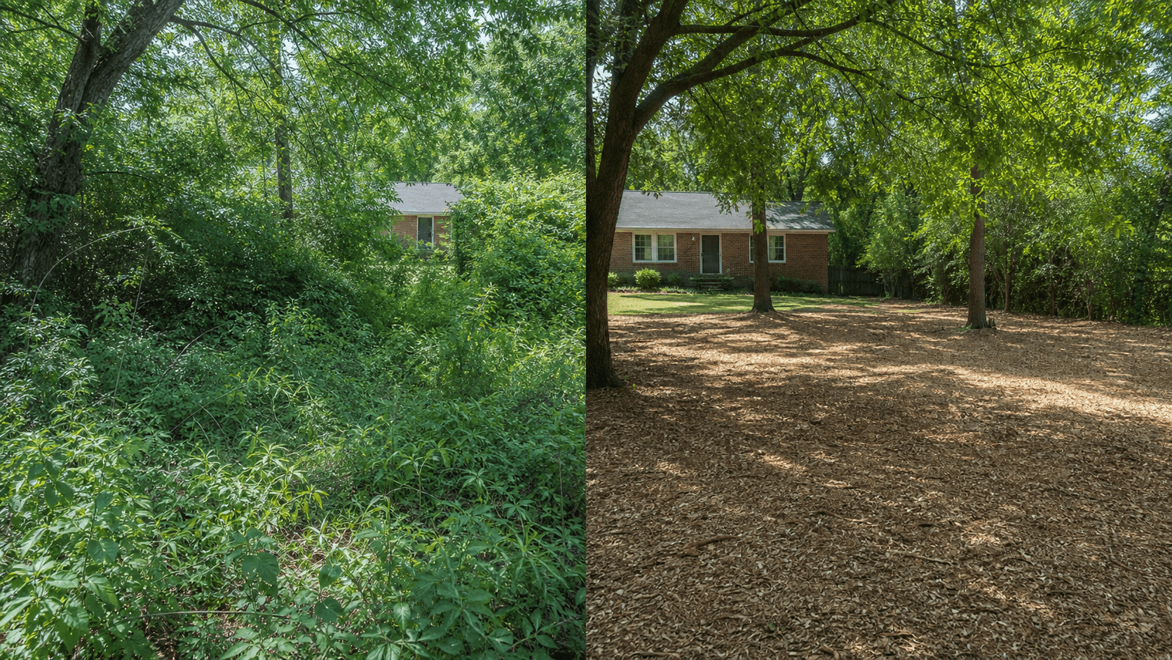 Illustrative before and after of an overgrown residential backyard cleared through forestry mulching